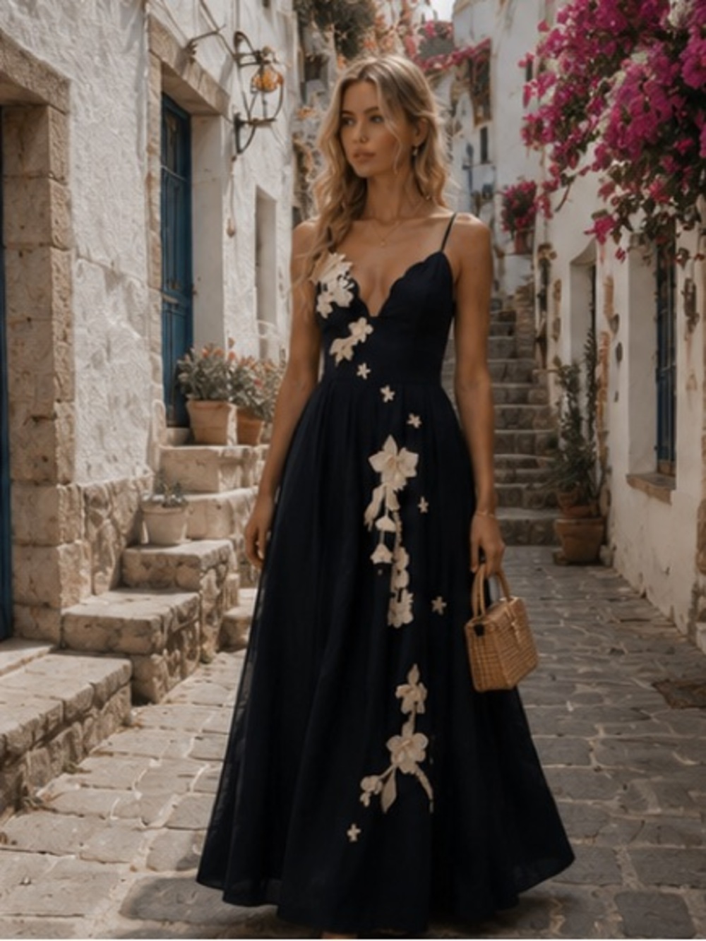 Agua by Agua Bendita Navy Maxi Dress with Ivory Floral Appliqués - Picture 9 of 16